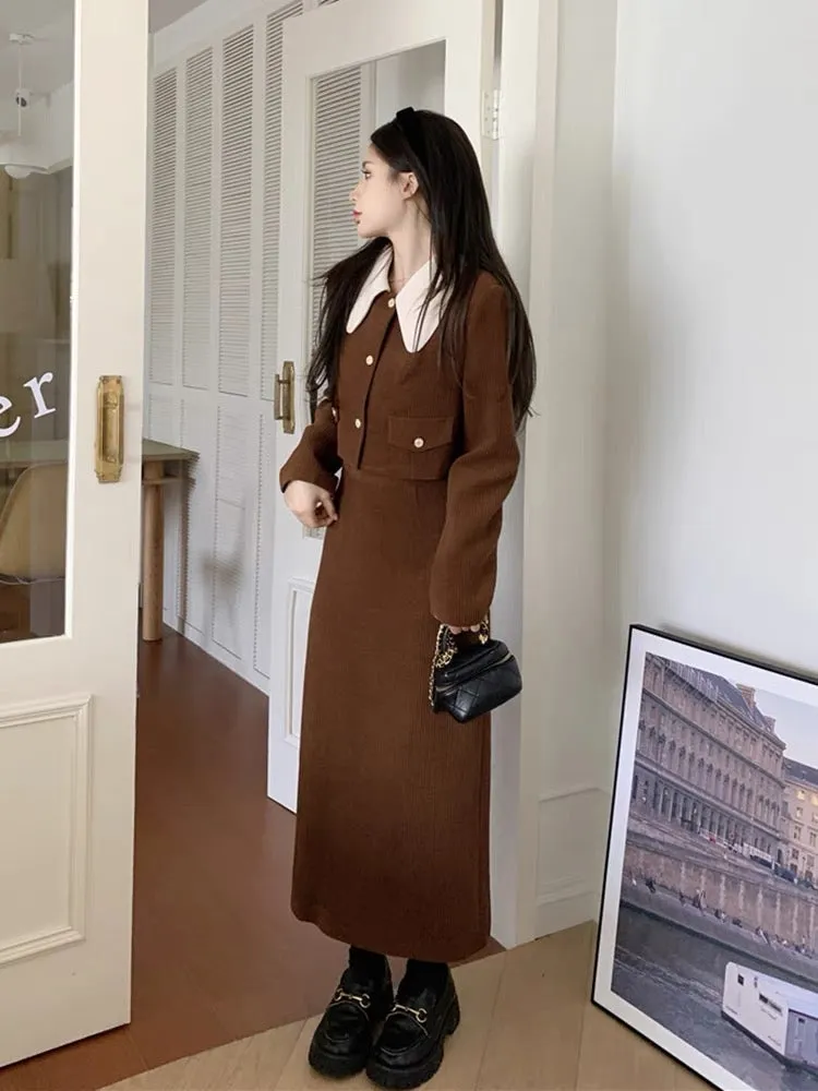 Plus size French retro corduroy small fragrance suit for women in autumn doll collar coat and skirt two-piece set