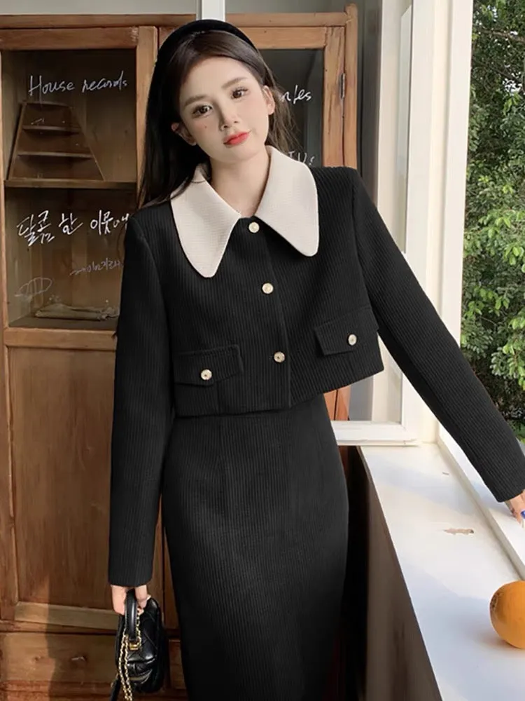 Plus size French retro corduroy small fragrance suit for women in autumn doll collar coat and skirt two-piece set