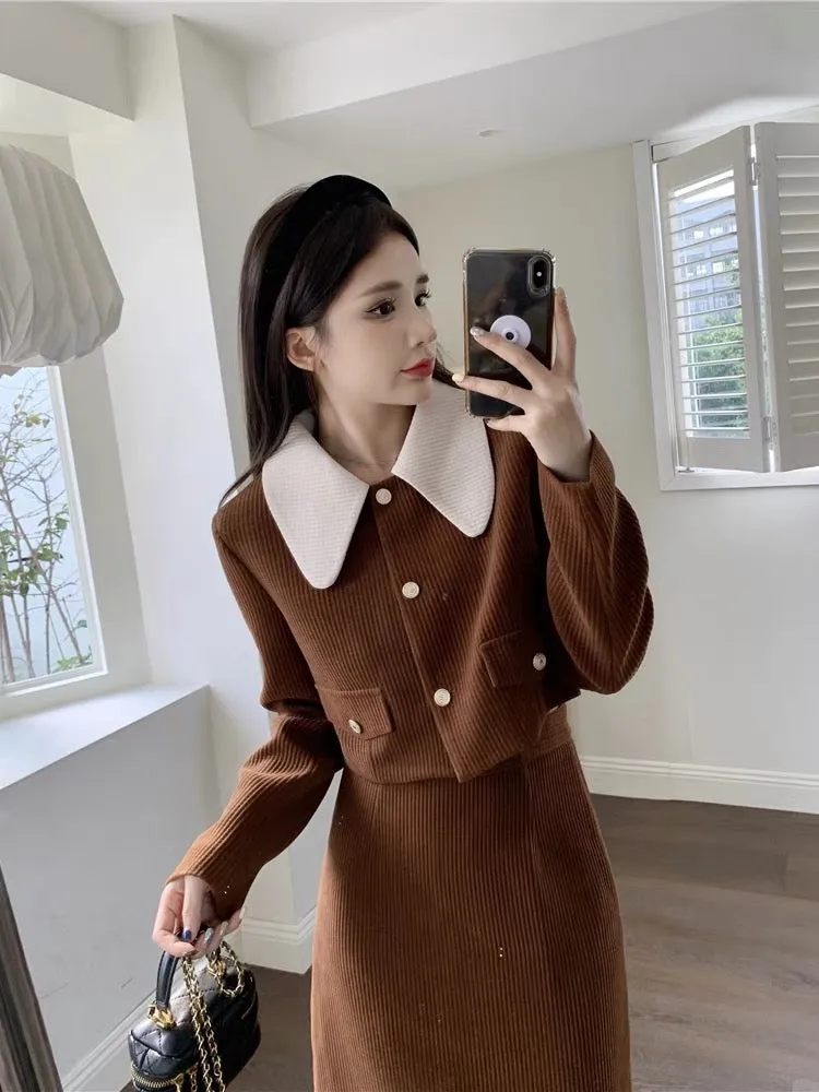 Plus size French retro corduroy small fragrance suit for women in autumn doll collar coat and skirt two-piece set