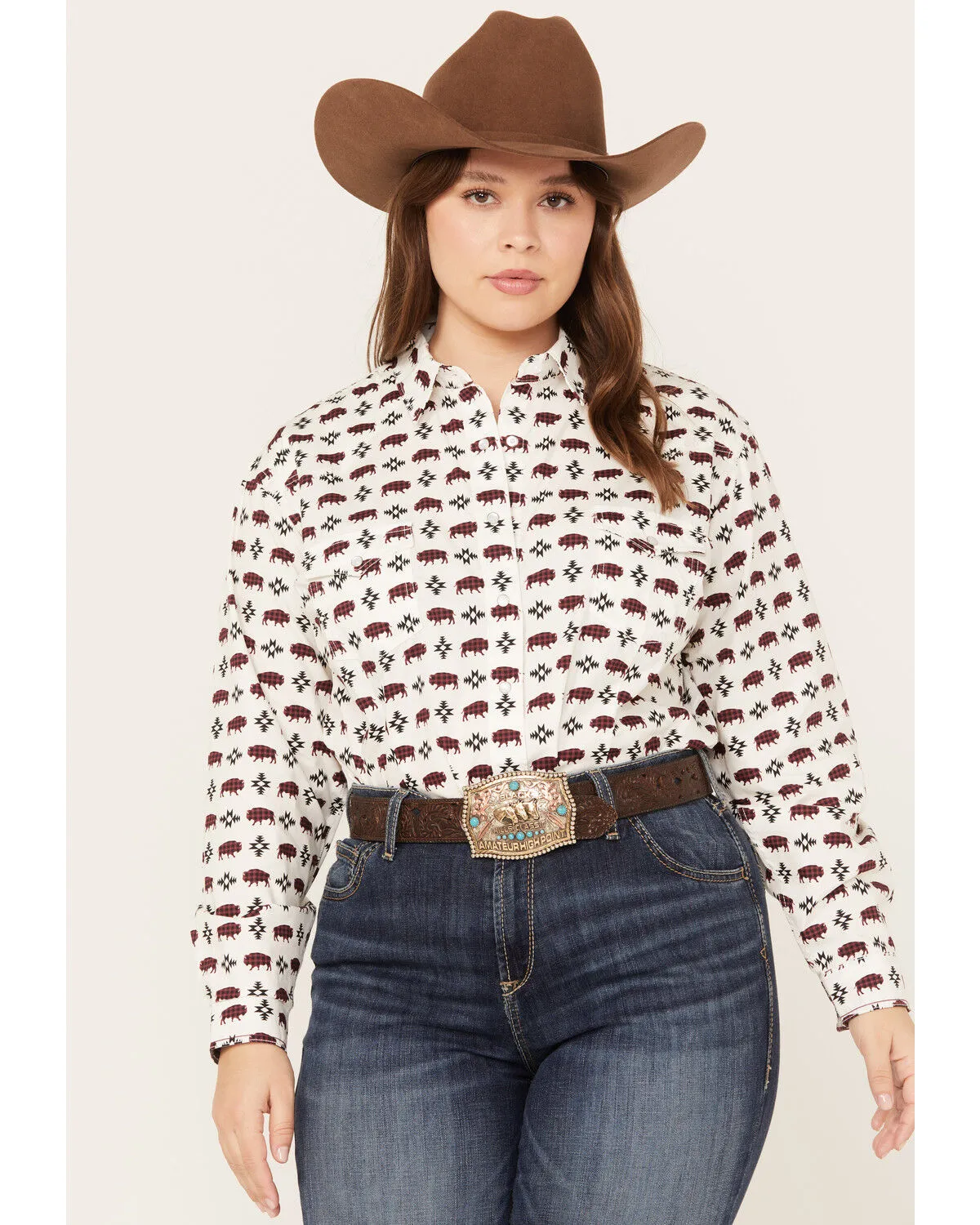 Product Name:  Rock & Roll Denim Women's Southwestern Buffalo Print Western Pearl Snap Shirt