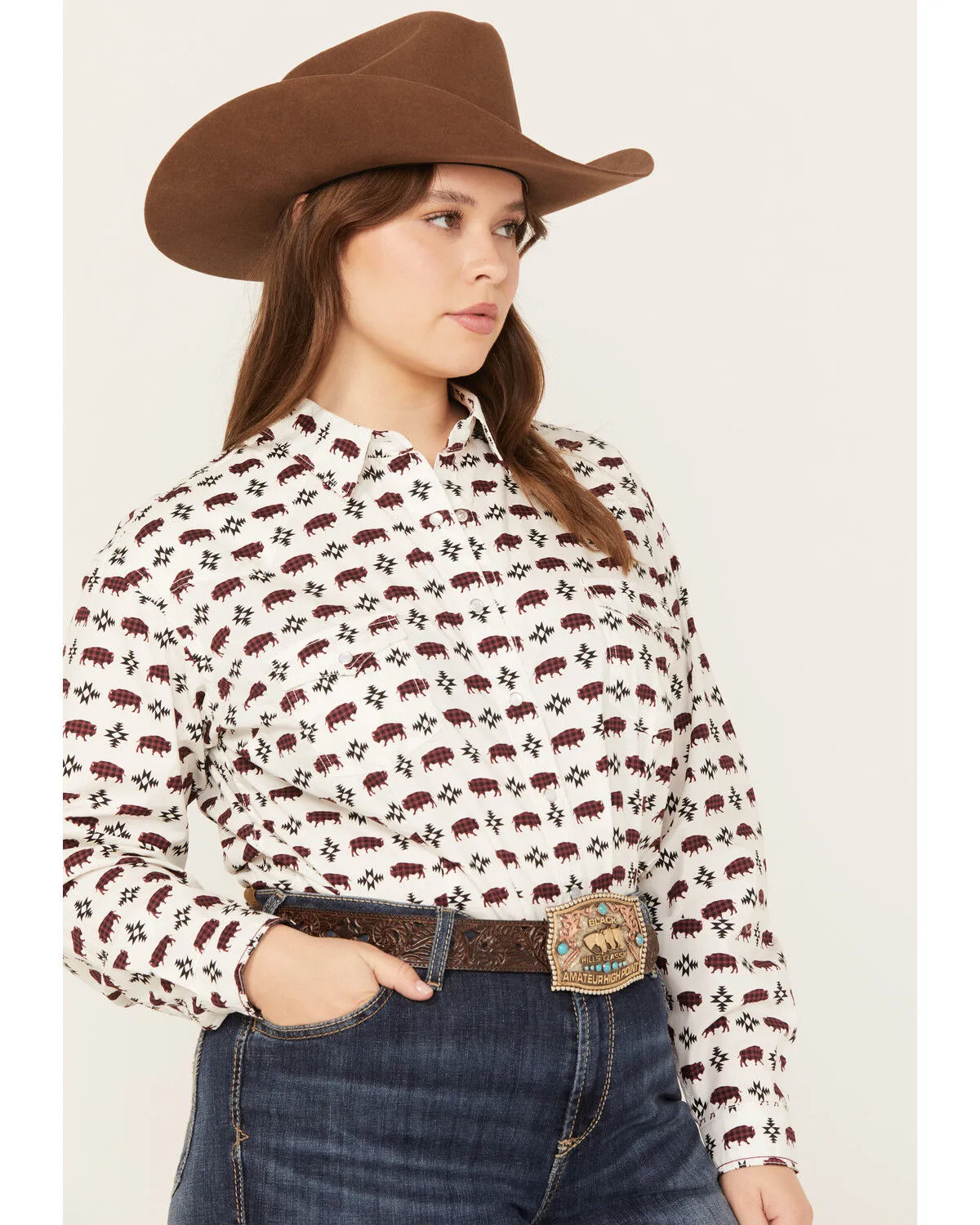 Product Name:  Rock & Roll Denim Women's Southwestern Buffalo Print Western Pearl Snap Shirt