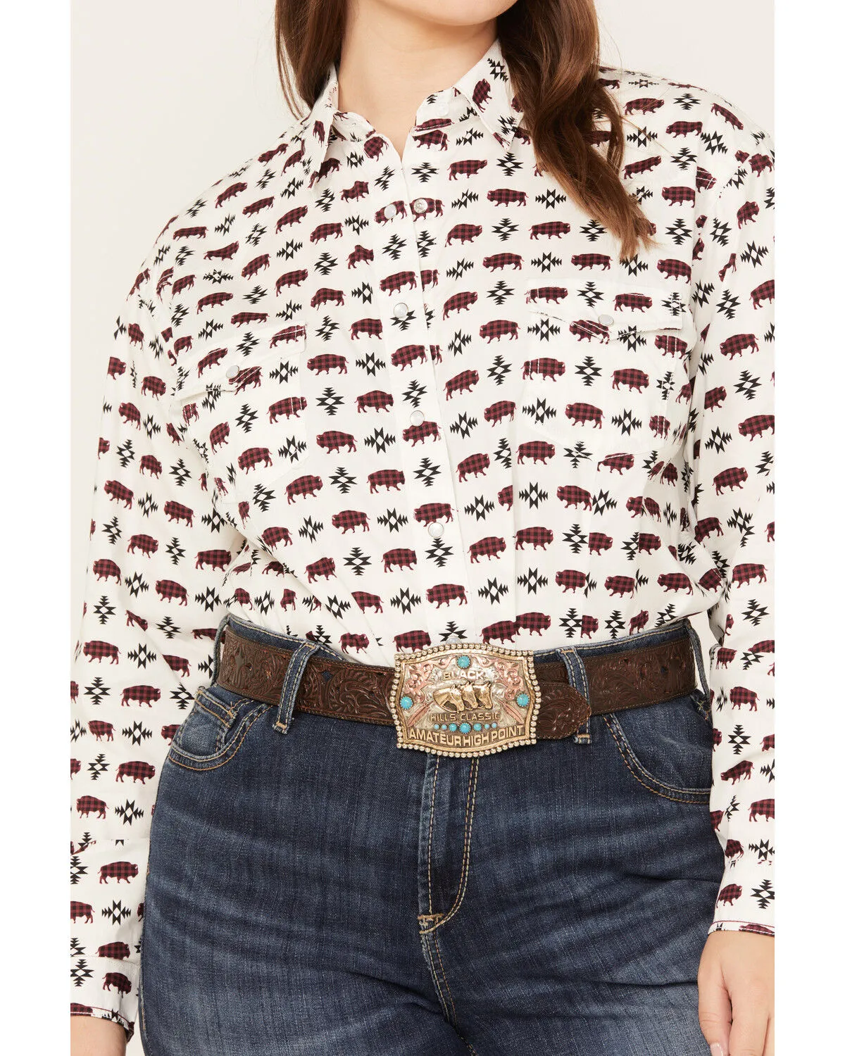 Product Name:  Rock & Roll Denim Women's Southwestern Buffalo Print Western Pearl Snap Shirt