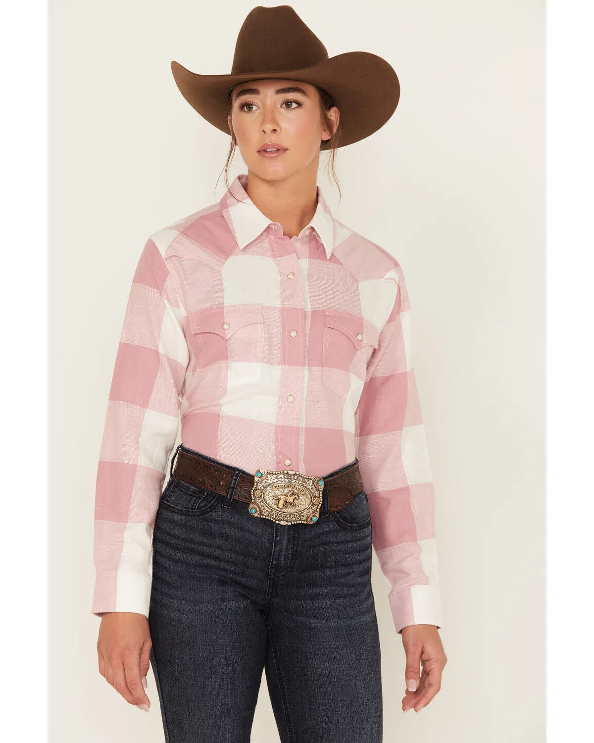 Product Name:  Wrangler Women's Buffalo Check Print Long Sleeve Western Flannel Pearl Snap Shirt