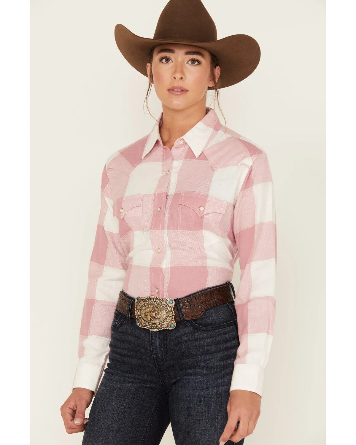 Product Name:  Wrangler Women's Buffalo Check Print Long Sleeve Western Flannel Pearl Snap Shirt