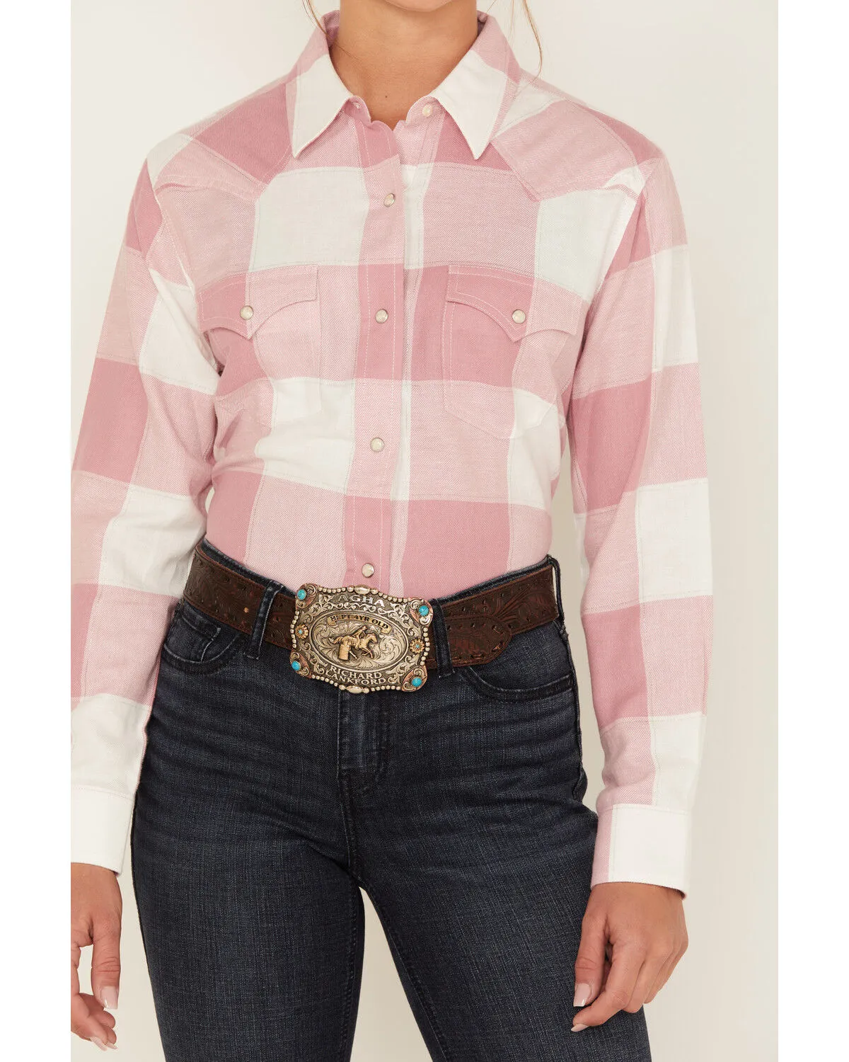 Product Name:  Wrangler Women's Buffalo Check Print Long Sleeve Western Flannel Pearl Snap Shirt