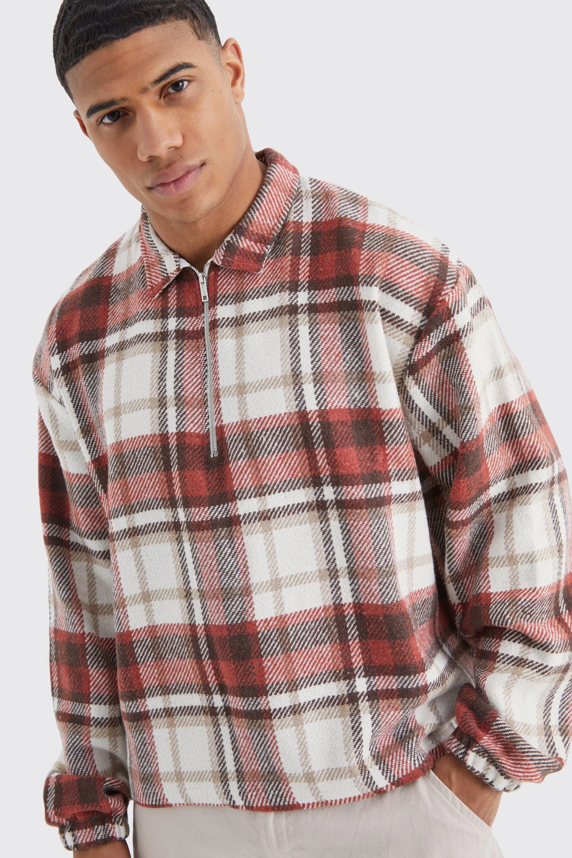 Quarter Zip Boxy Brushed Flannel Shirt Jacket