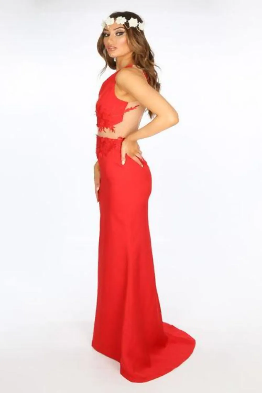 Red Bandeau Maxi Dress With Chiffon Applique Over-lay