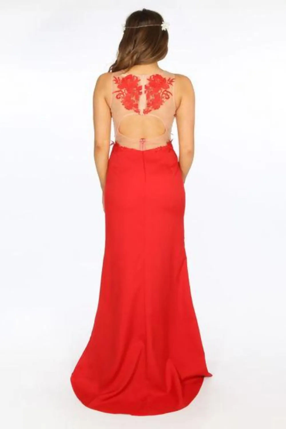 Red Bandeau Maxi Dress With Chiffon Applique Over-lay