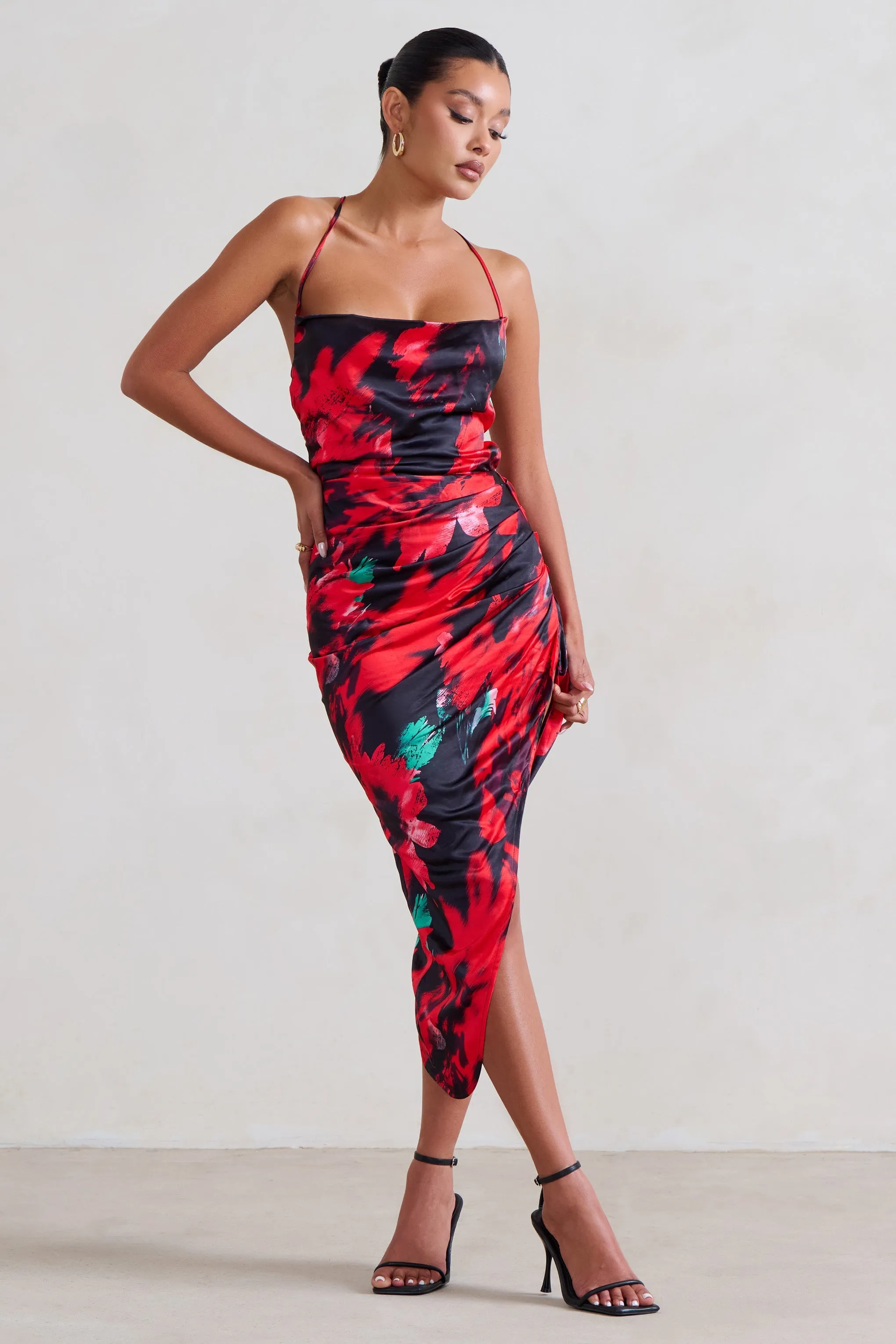 Risk It All | Black & Red Floral Print Cami Cowl Neck Asymmetric Hem Dress