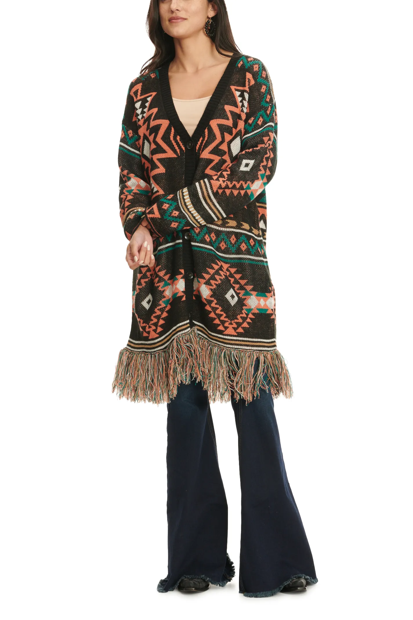 Rock & Roll Denim Women's Black & Colorful Aztec Print Long Sleeve Fringed Cardigan