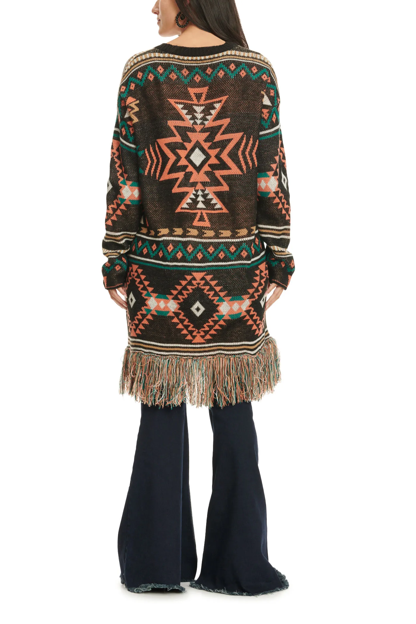 Rock & Roll Denim Women's Black & Colorful Aztec Print Long Sleeve Fringed Cardigan