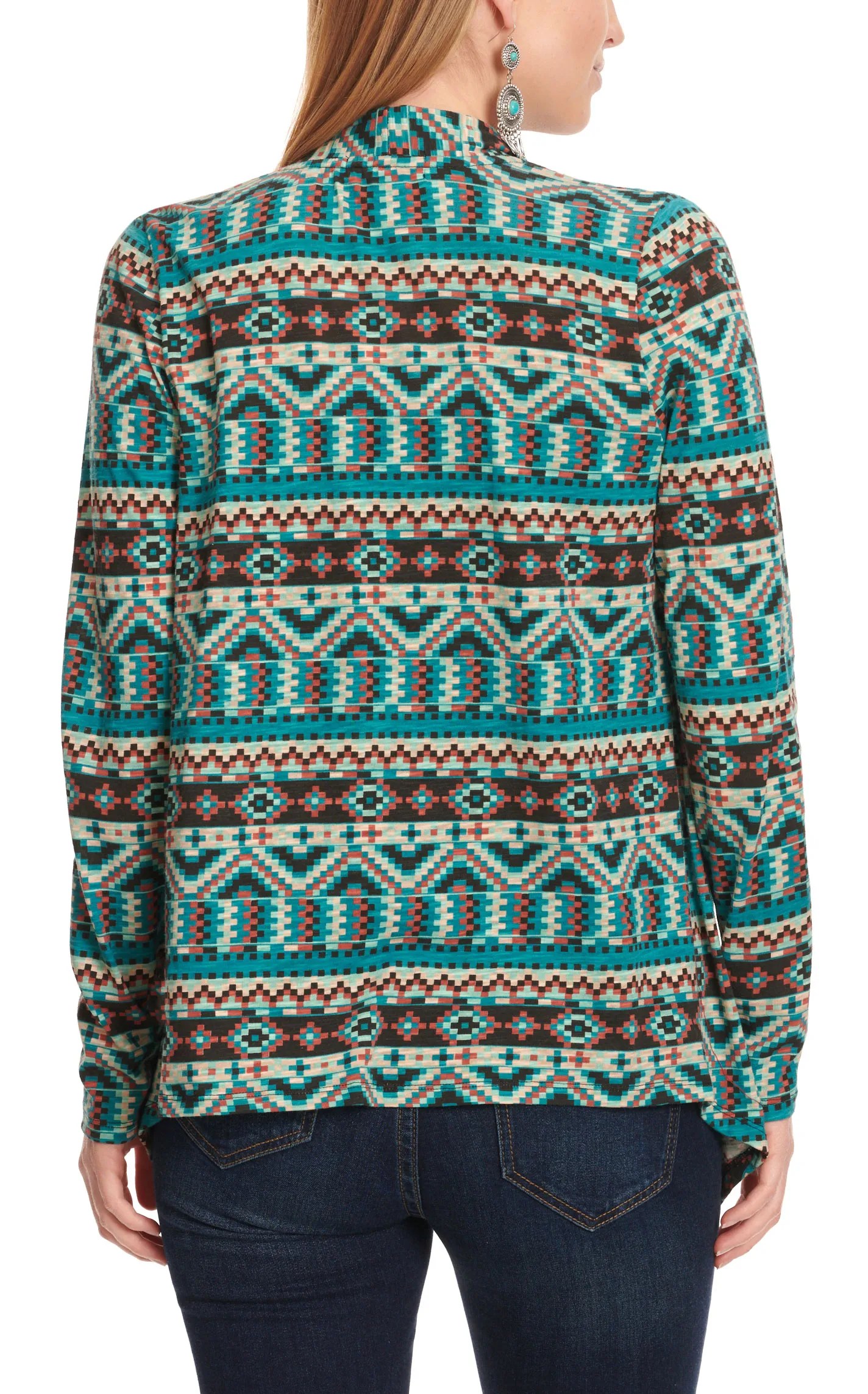 Rock & Roll Denim Women's Teal Black & Rust Pixelated Aztec Print Lightweight Cardigan