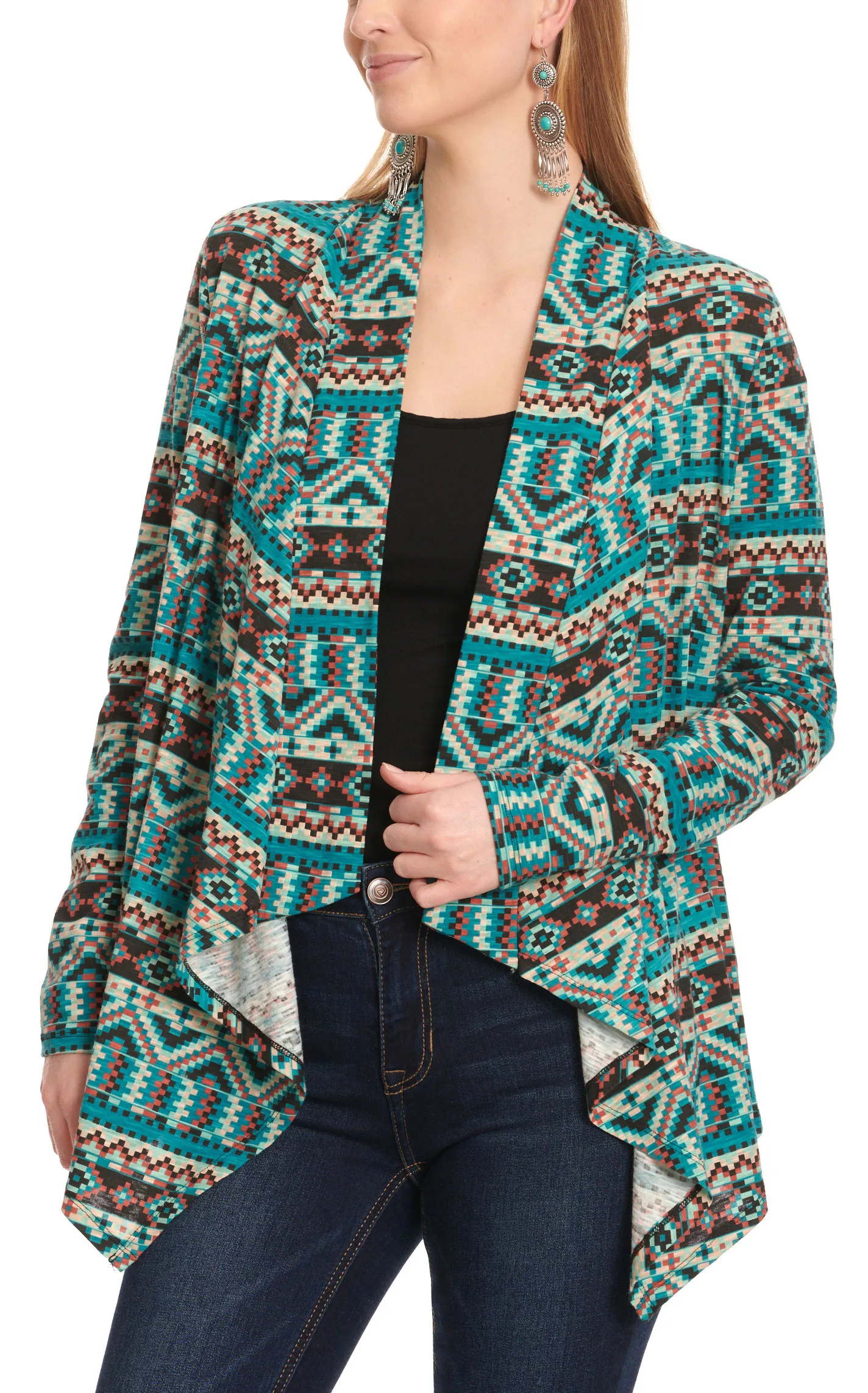 Rock & Roll Denim Women's Teal Black & Rust Pixelated Aztec Print Lightweight Cardigan