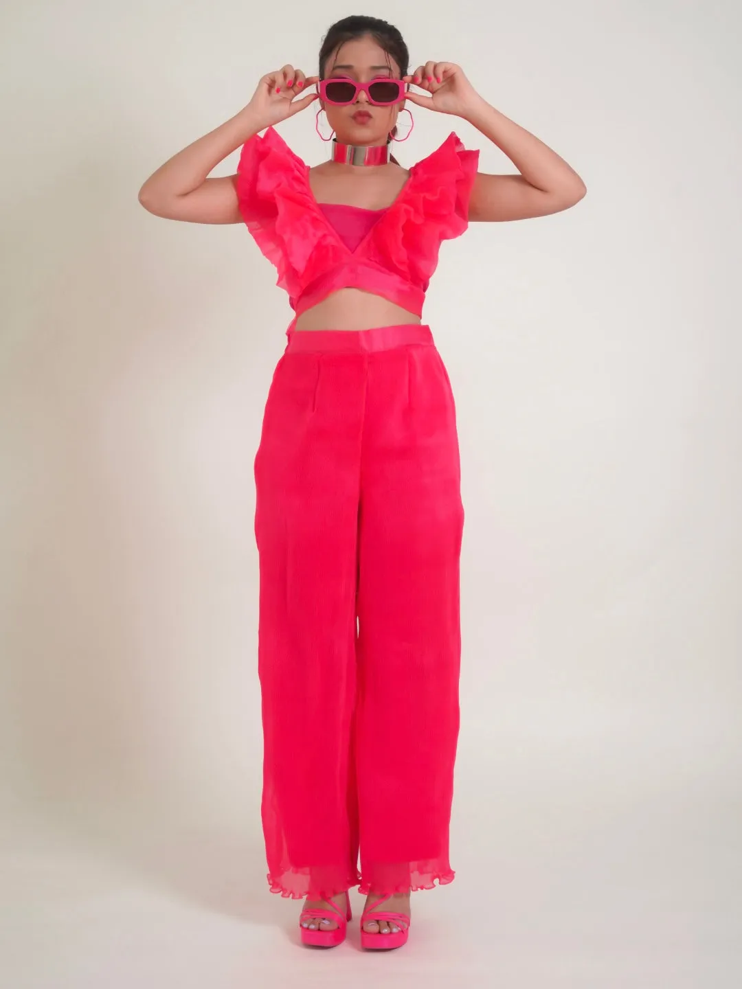 Ruffled Tie Up Pleated Crop Top