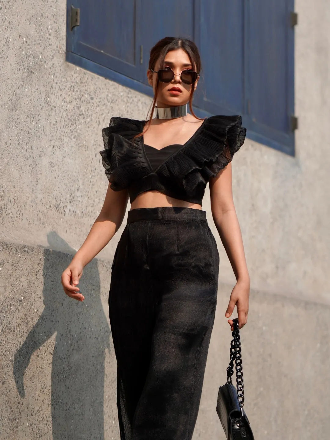 Ruffled Tie Up Pleated Crop Top