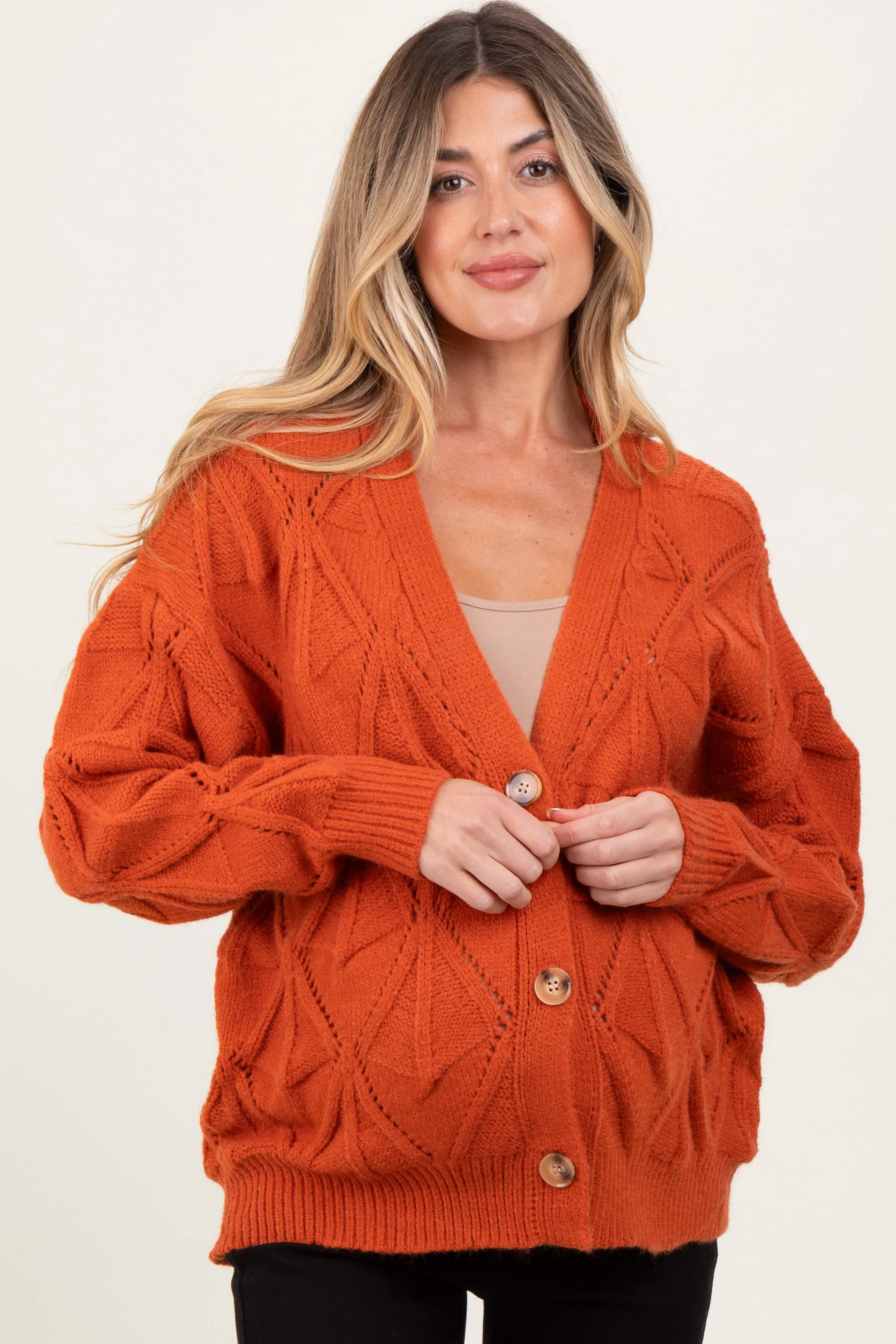 Rust Diamond Knit Button Up Maternity Sweater Cardigan