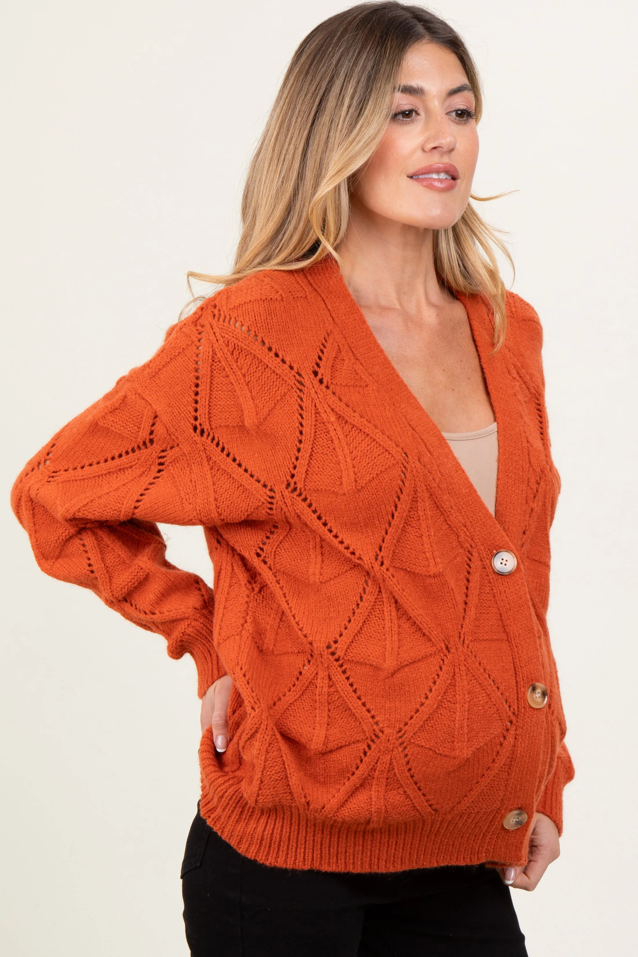 Rust Diamond Knit Button Up Maternity Sweater Cardigan