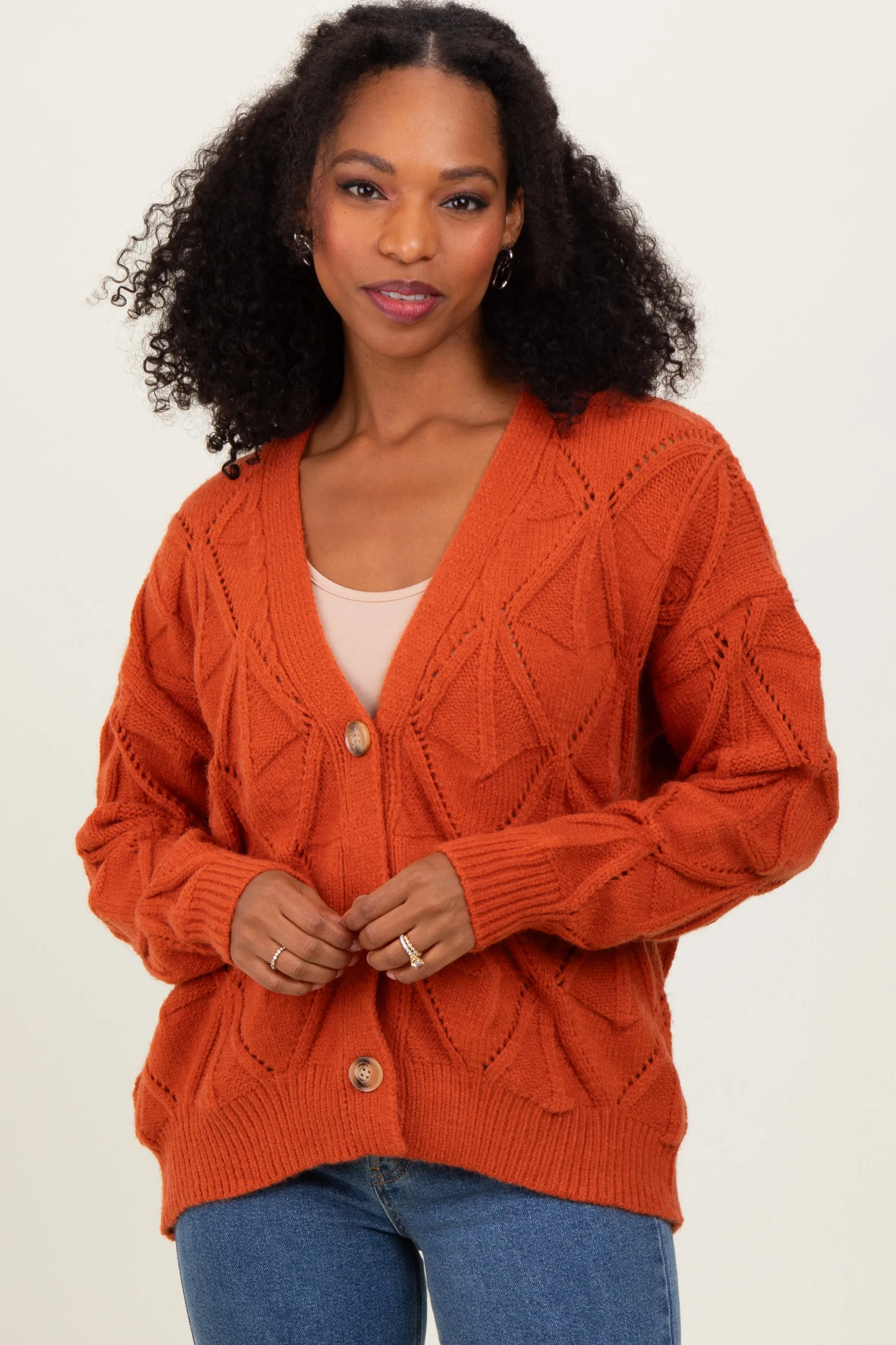 Rust Diamond Knit Button Up Maternity Sweater Cardigan