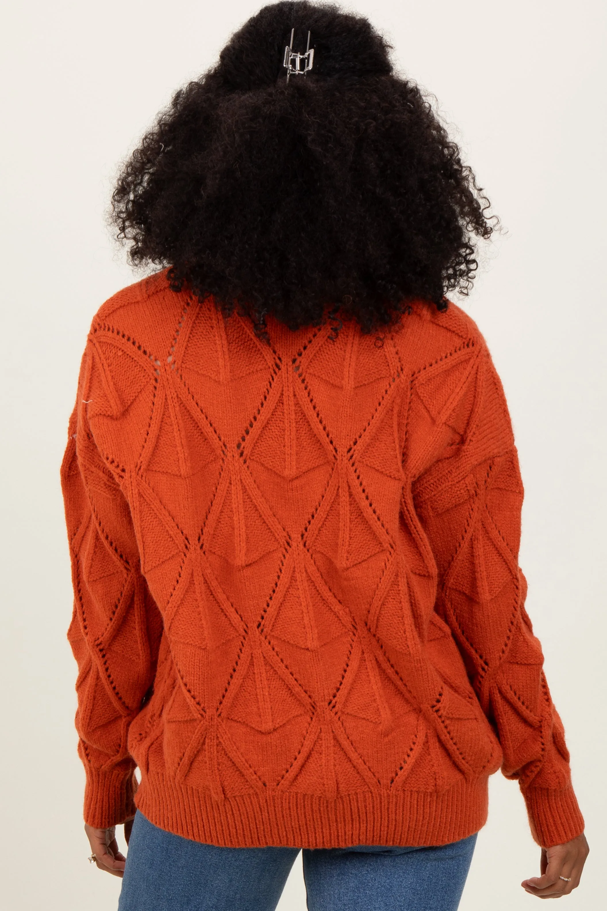 Rust Diamond Knit Button Up Sweater Cardigan