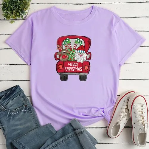 Simple Style Santa Claus Car Polyester Round Neck Short Sleeve Regular Sleeve Printing T-shirt