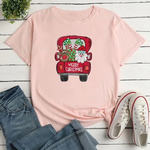 Simple Style Santa Claus Car Polyester Round Neck Short Sleeve Regular Sleeve Printing T-shirt