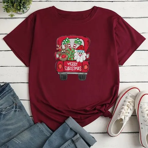 Simple Style Santa Claus Car Polyester Round Neck Short Sleeve Regular Sleeve Printing T-shirt