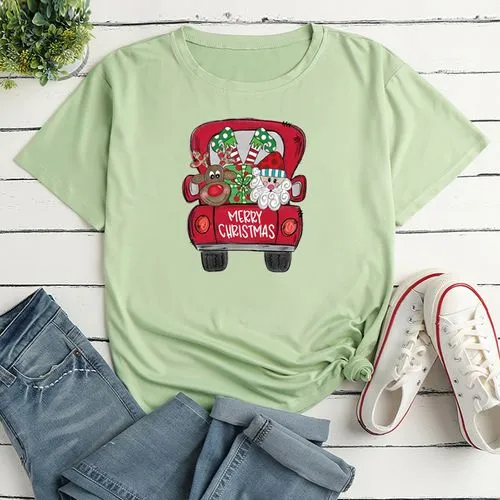 Simple Style Santa Claus Car Polyester Round Neck Short Sleeve Regular Sleeve Printing T-shirt