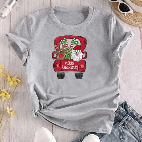 Simple Style Santa Claus Car Polyester Round Neck Short Sleeve Regular Sleeve Printing T-shirt