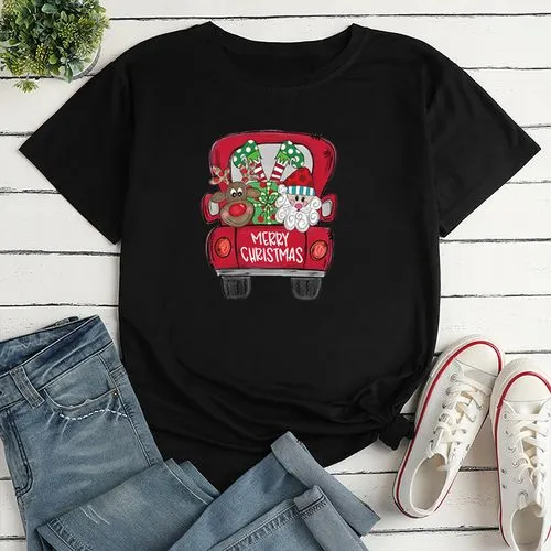 Simple Style Santa Claus Car Polyester Round Neck Short Sleeve Regular Sleeve Printing T-shirt