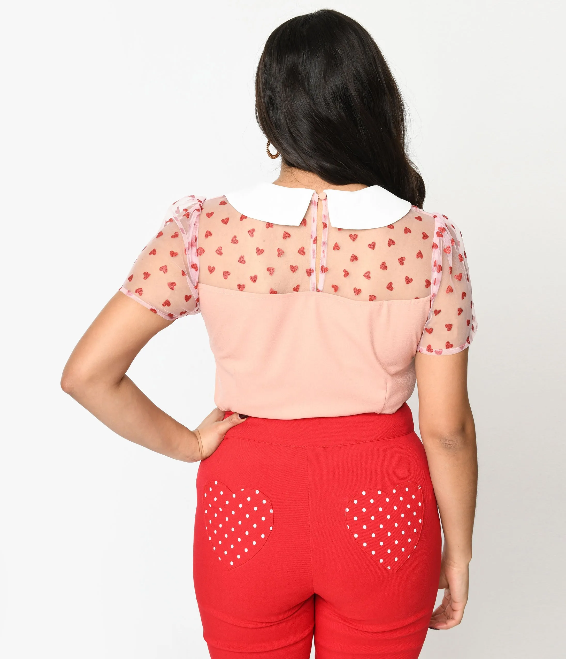 Smak Parlour Pink & Red Hearts Collared Bow Blouse