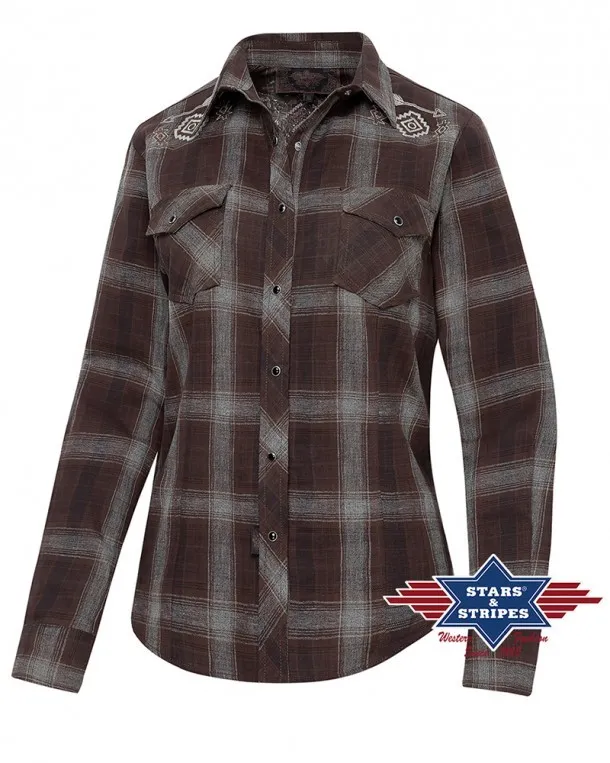 Stars & Stripes ladies brown checked western shirt with buffalo skull embroidery