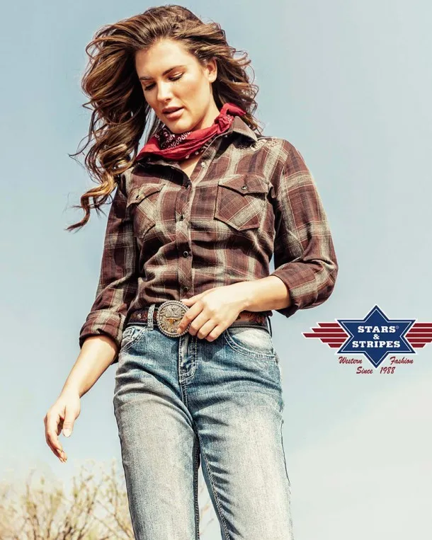 Stars & Stripes ladies brown checked western shirt with buffalo skull embroidery