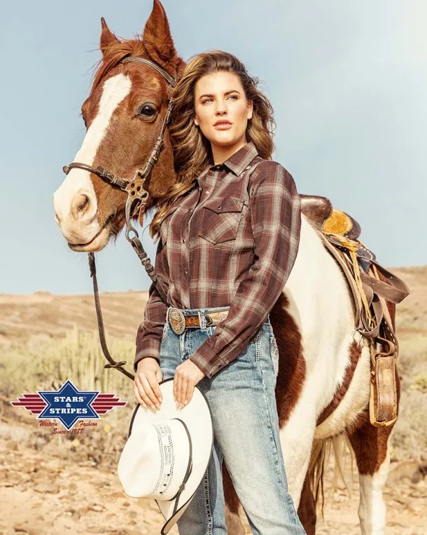 Stars & Stripes ladies brown checked western shirt with buffalo skull embroidery