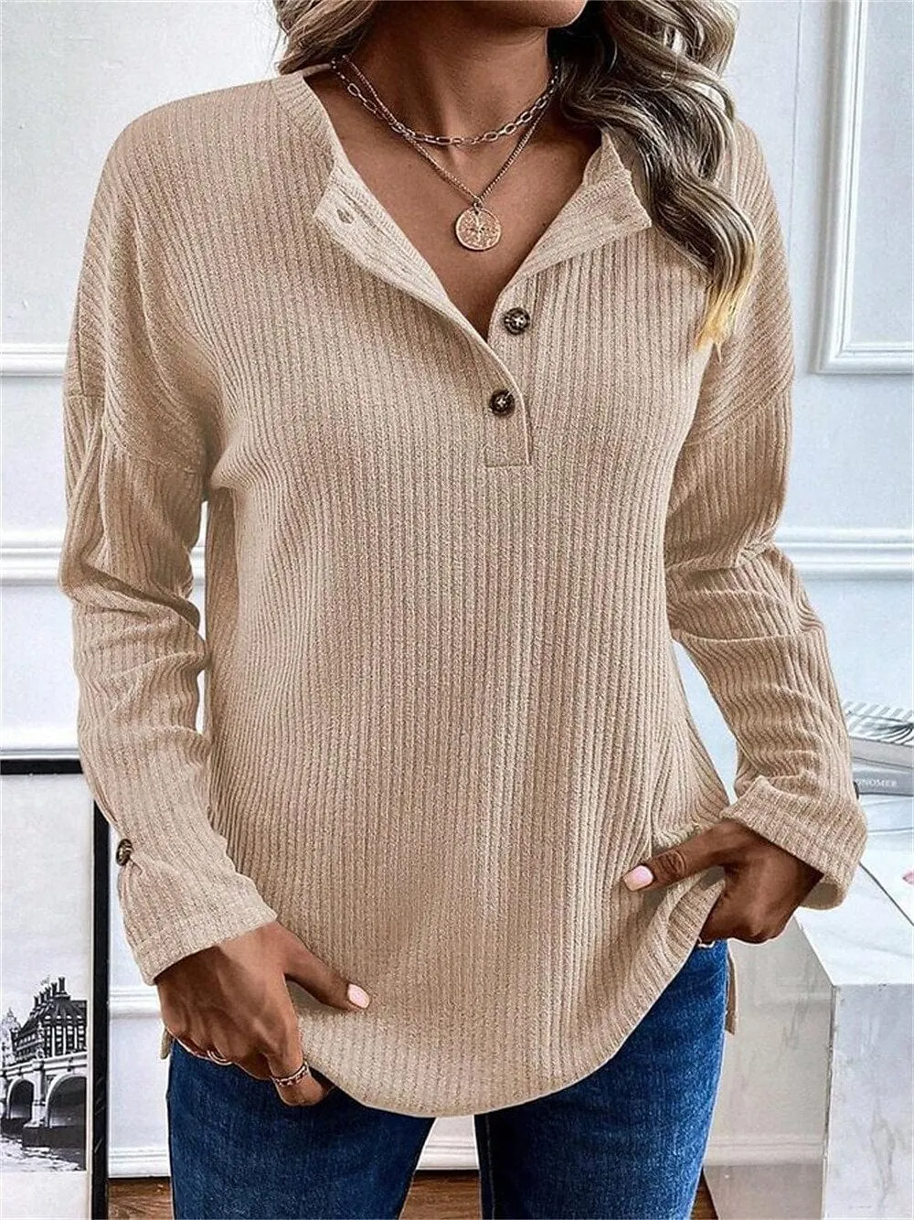 Stylish Women's V-Neck Long Sleeve Plaid Blouse in Black, Pink, and Khaki