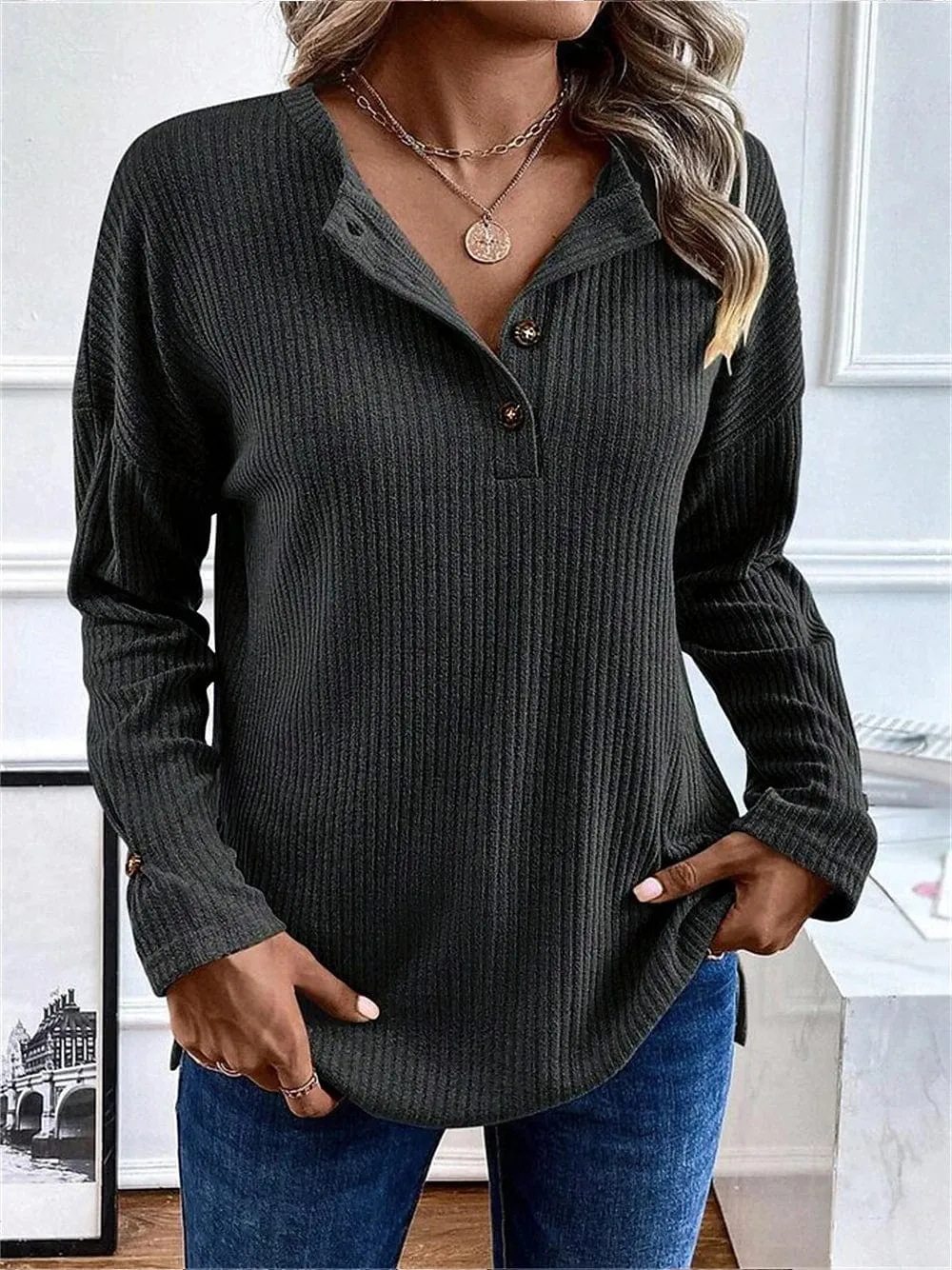 Stylish Women's V-Neck Long Sleeve Plaid Blouse in Black, Pink, and Khaki