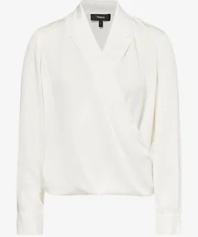 Theory Womens Ivory The Lapel Wrap long-sleeves silk blouse