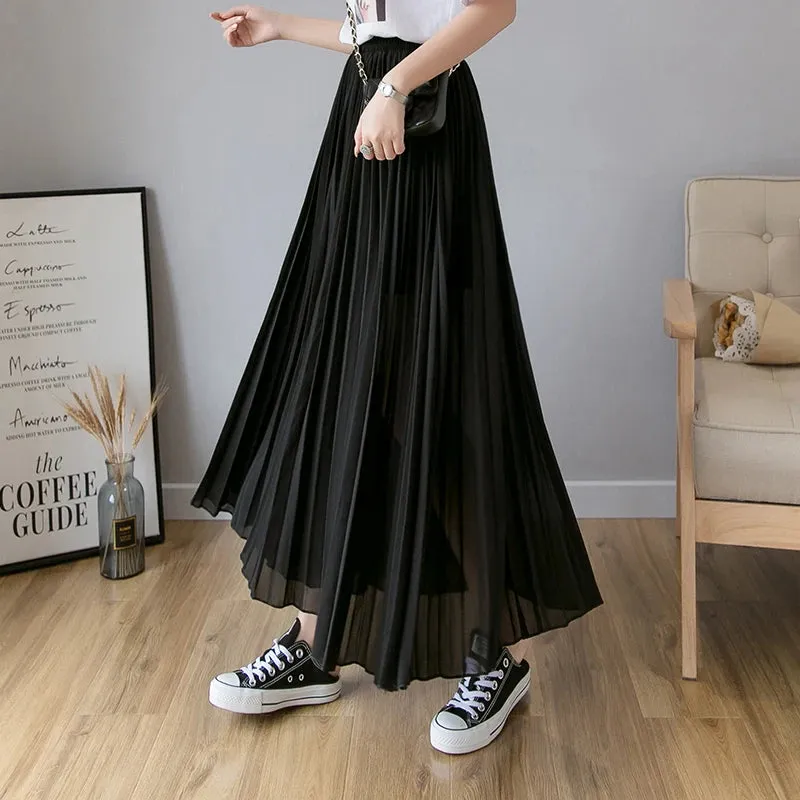 Thin Chiffon Pleated  High waist Elastic Wide-leg pants