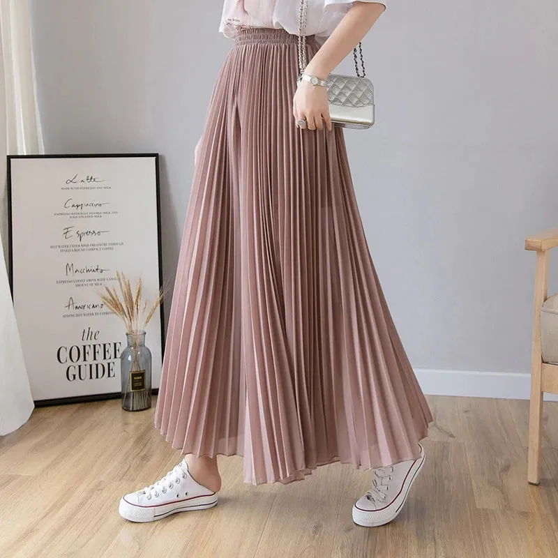 Thin Chiffon Pleated  High waist Elastic Wide-leg pants