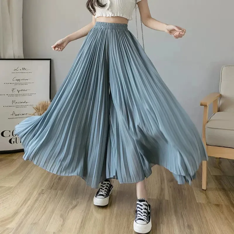 Thin Chiffon Pleated  High waist Elastic Wide-leg pants