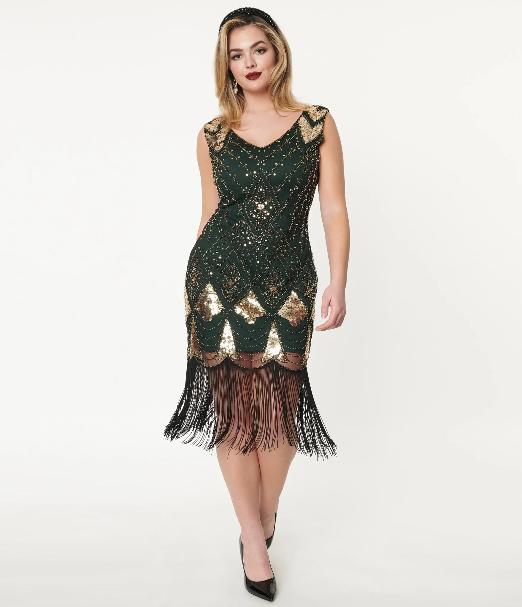 Unique Vintage 1920s Emerald & Gold Sequin Lina Flapper Dress