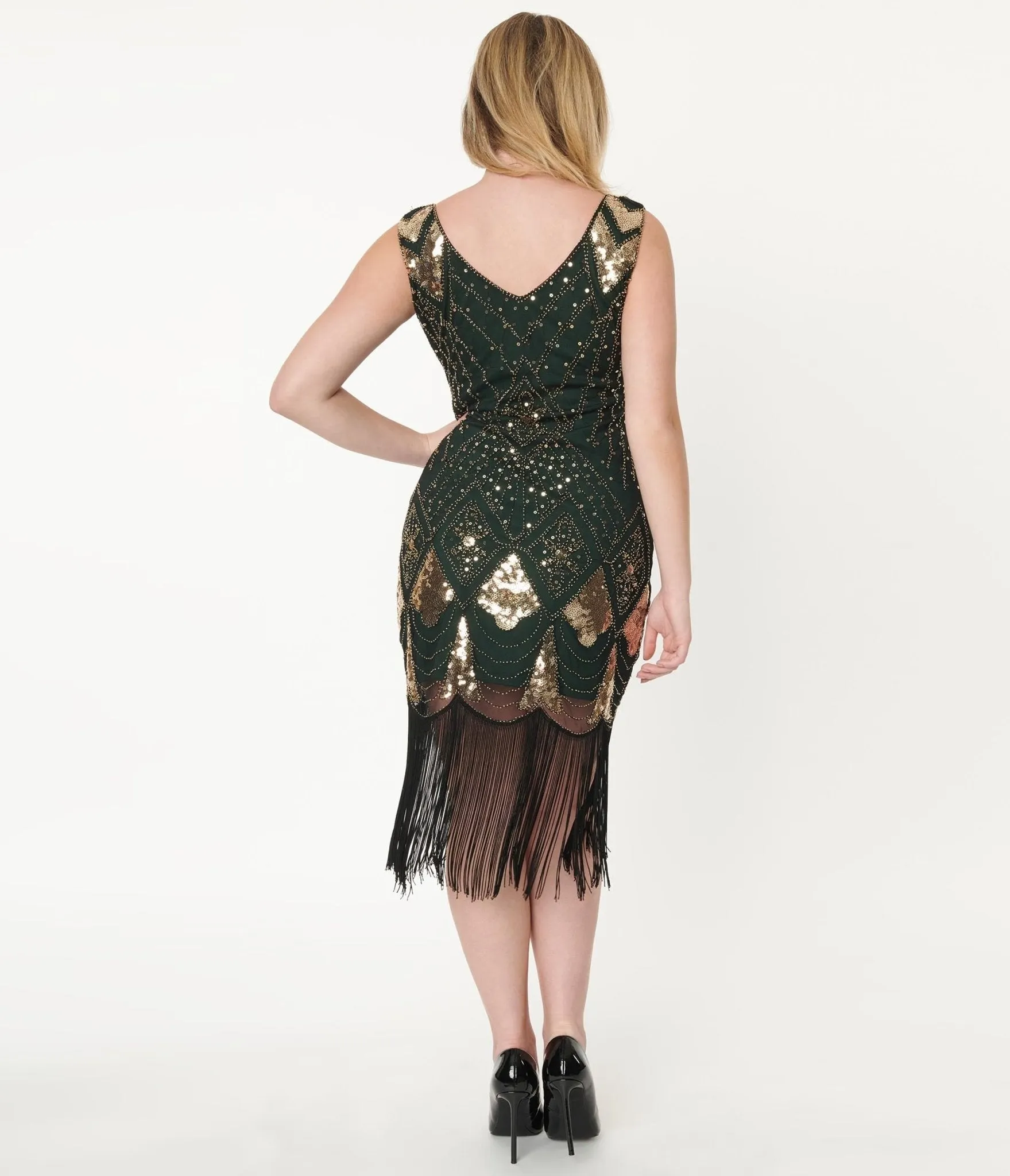 Unique Vintage 1920s Emerald & Gold Sequin Lina Flapper Dress