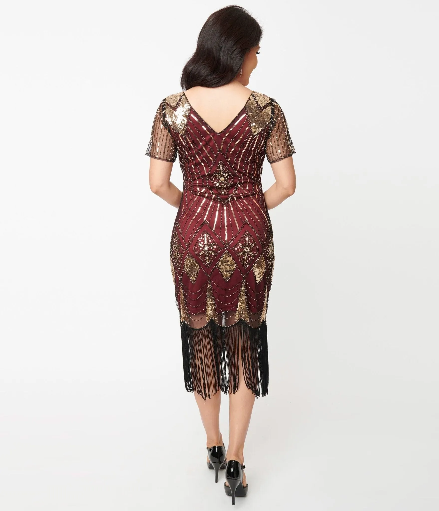 Unique Vintage 1920s Gold Sequin & Burgundy Katriane Flapper Dress