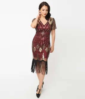 Unique Vintage 1920s Gold Sequin & Burgundy Katriane Flapper Dress