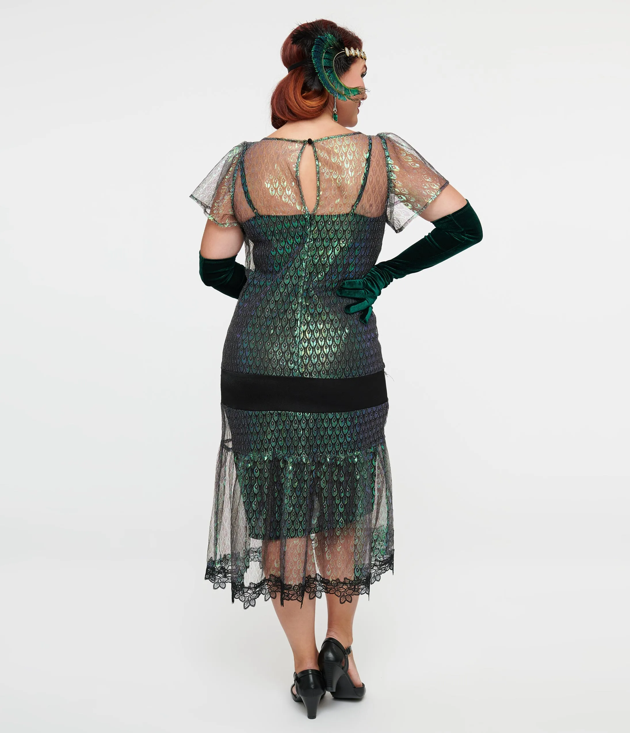 Unique Vintage 1920s Iridescent Peacock & Black Bow Flapper Dress