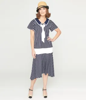 Unique Vintage 1920s Navy & White Striped Flapper Dress