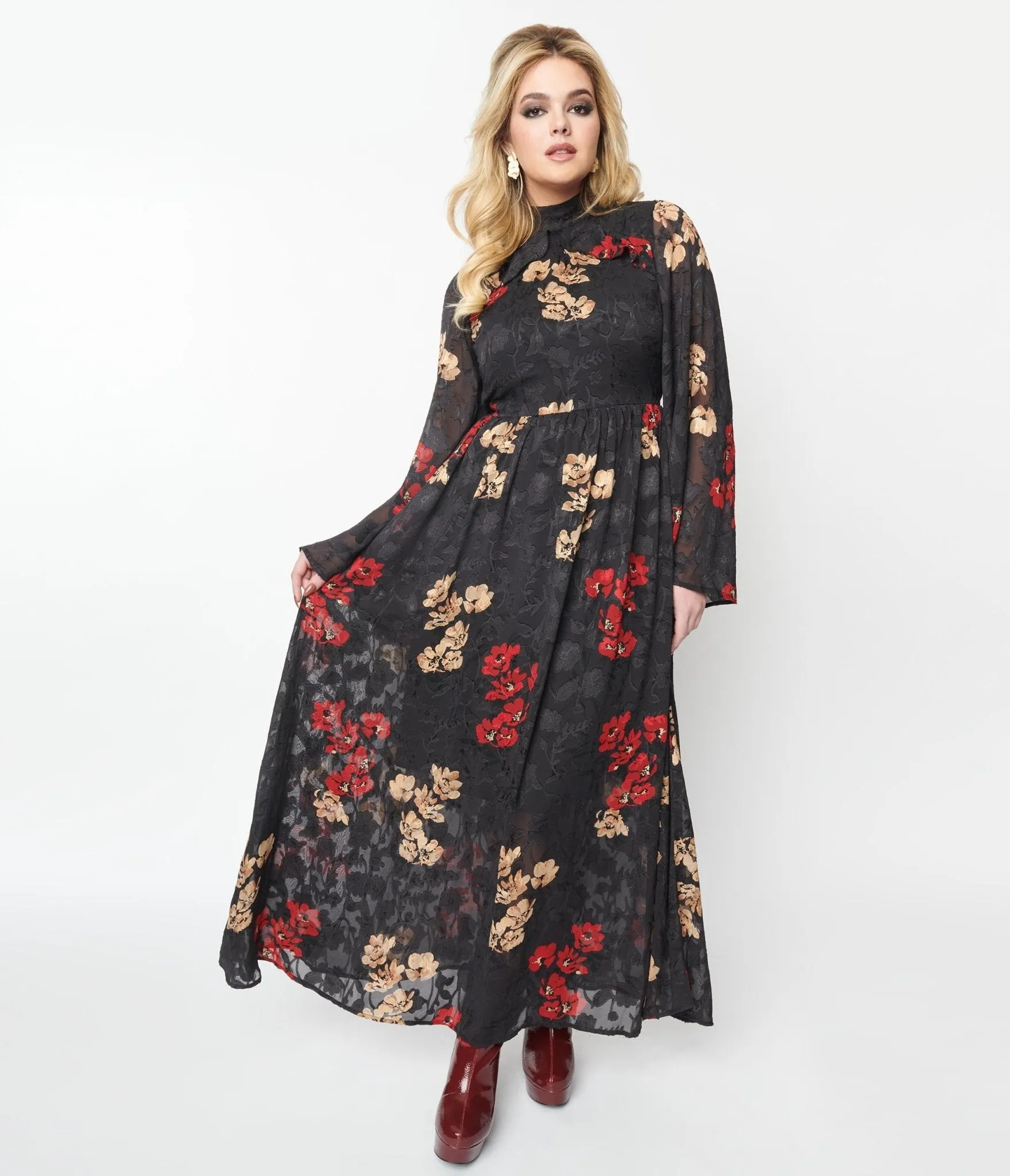 Unique Vintage 1970s Black Red & Gold Floral Bell Sleeve Maxi Dress