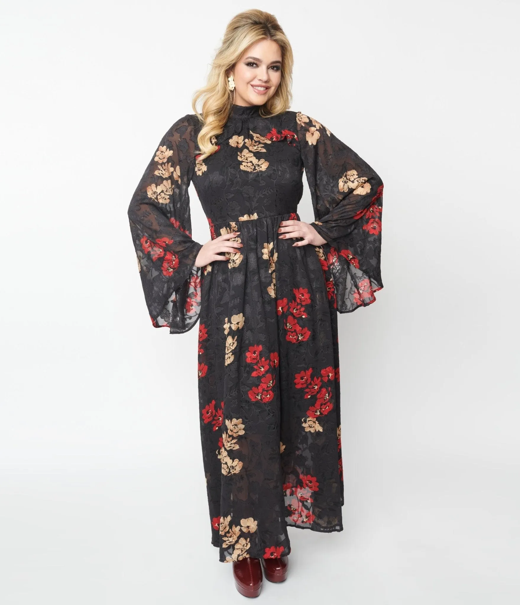 Unique Vintage 1970s Black Red & Gold Floral Bell Sleeve Maxi Dress