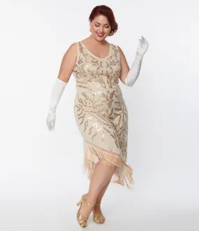 Unique Vintage Plus Size 1920s Beige Beaded Asymmetrical Fringe Flapper Dress