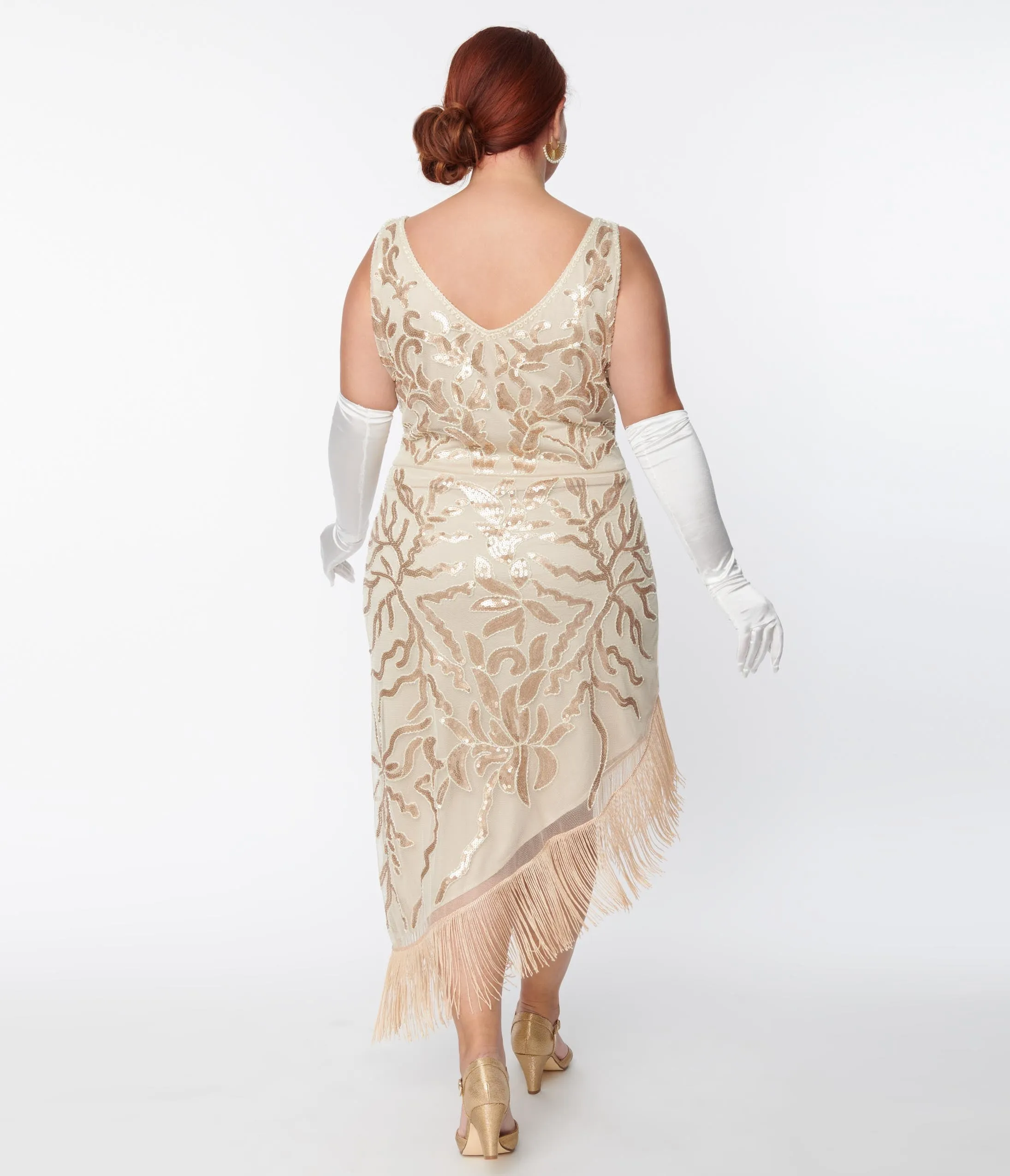 Unique Vintage Plus Size 1920s Beige Beaded Asymmetrical Fringe Flapper Dress