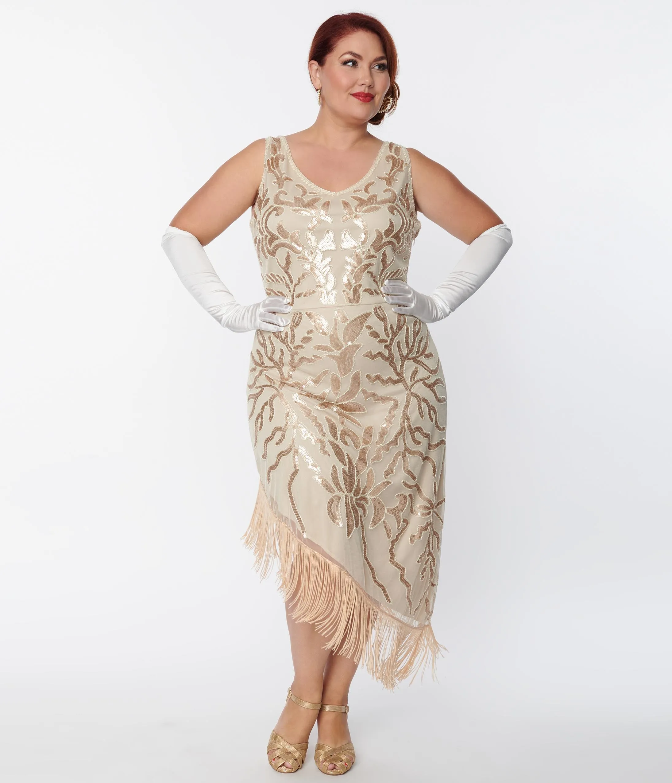 Unique Vintage Plus Size 1920s Beige Beaded Asymmetrical Fringe Flapper Dress